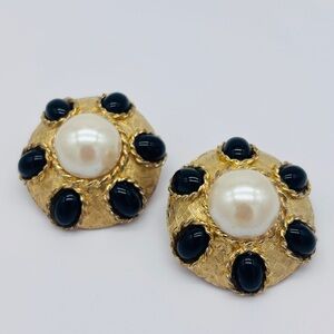 Huge Byzantine Etruscan Matte Gold and Black Earrings with Pearl Cabochon Accent
